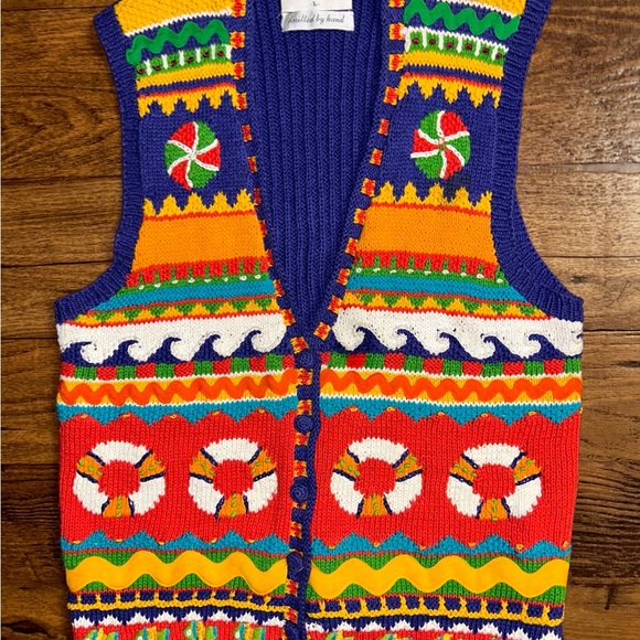 Marisa Christina • Hand Knitted• Orange/Yellow/Blue • Large • Ocean/Fish • Vest - Picture 2 of 16